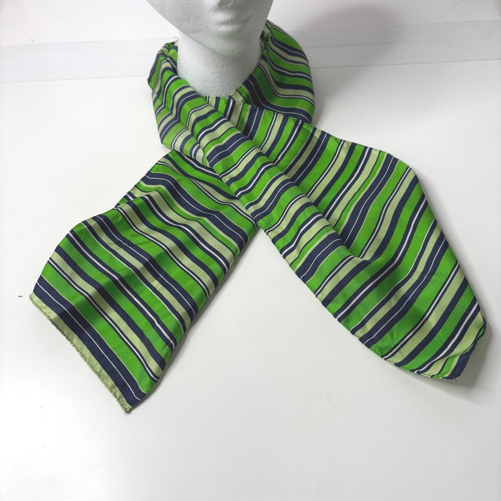 VTG Umpqua Bank Silk Scarf Green Blue Striped Bank Teller Ascot Wrap‎ Retro SEE